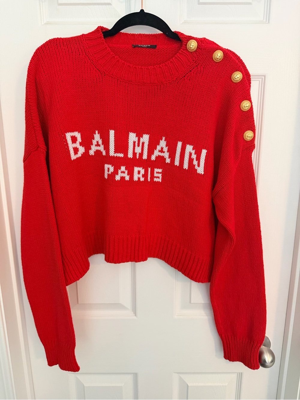 Balmain Red Crewneck Sweater with Gold Shoulder Buttons